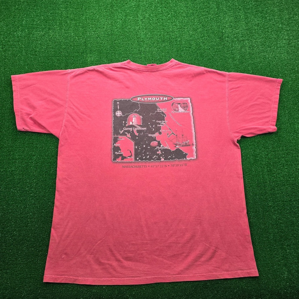 Plymouth Massachusetts Tshirt Mens 2XL Red Pink Graphic Map Gurnet Lighthouse